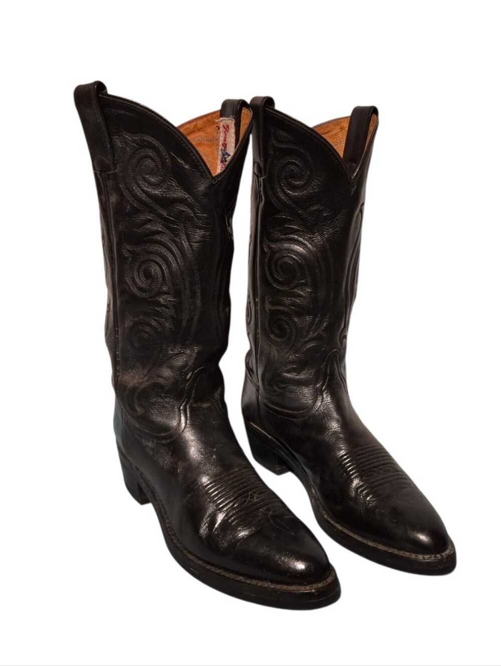 Vintage Tony Lama Black Leather Western Cowboy Boots Men's Size 8D, Vibram Soles